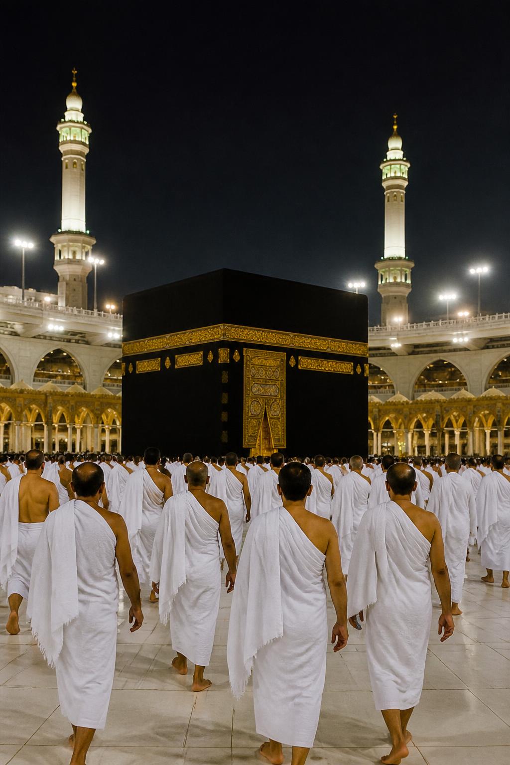 Pilgrims in ihram facing the illuminated Kaabah at Masjid al-Haram in Makkah at night.